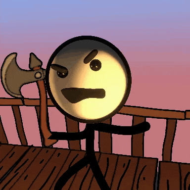 a stick figure with an angry face holding a large axe