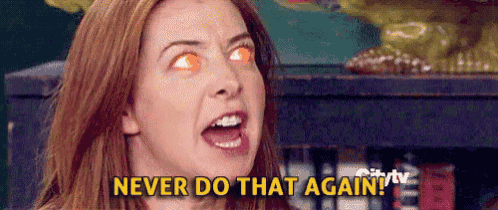 a woman with red eyes and the words `` never do that again '' written on her face .