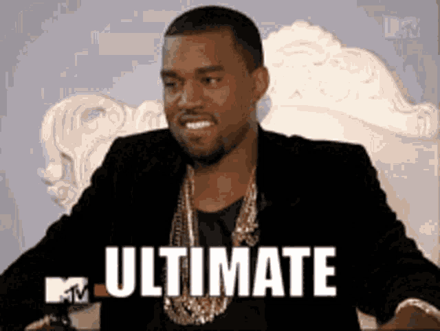a man sitting in a chair with the word ultimate written on his face