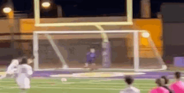 a blurred image of a soccer game with a goalie standing in front of a goal .