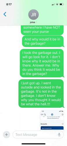 a screenshot of a text message between joiee and jr at 8:17