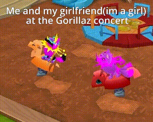 a cartoon of a girl and her girlfriend riding a merry go round at a gorillaz concert