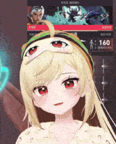 a close up of a girl 's face with the number 160 in the upper left corner