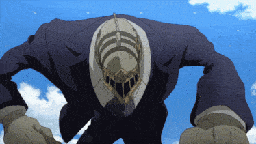 a man in a suit with a helmet on his head stands in front of a blue sky