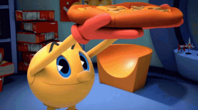 a cartoon character holding a piece of pizza with the word ' pac man ' on it
