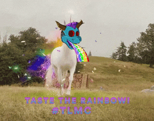 a unicorn with a rainbow coming out of its mouth and the words taste the rainbow #tlmc