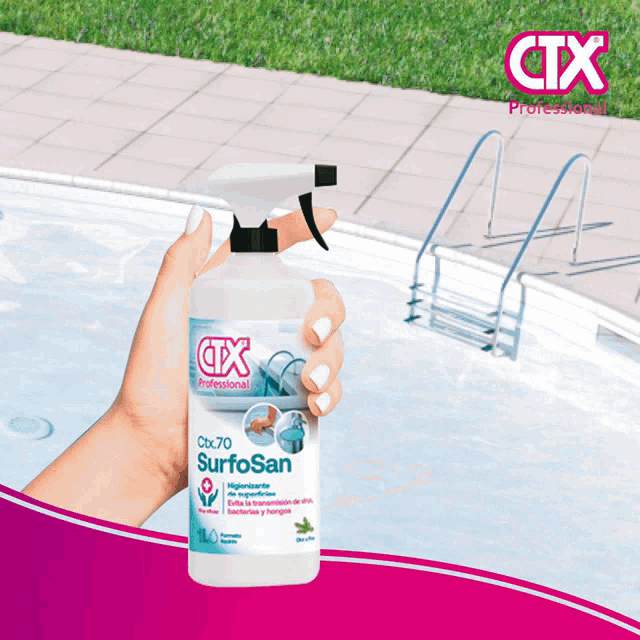 a person holding a bottle of ctx professional surfosan