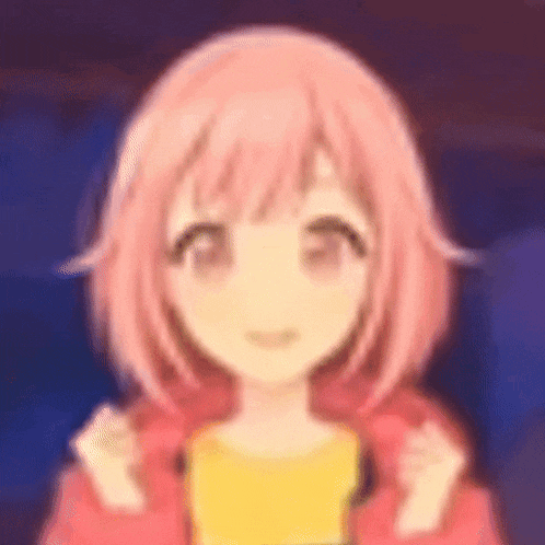 a close up of a pink haired anime girl wearing a yellow shirt and a red jacket .
