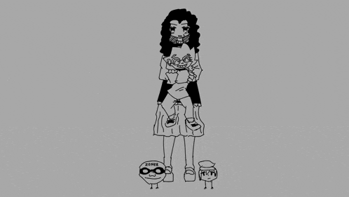 a black and white drawing of a woman standing next to a dog and a frog .