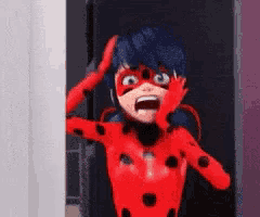 a ladybug from miraculous ladybug is standing in a doorway with her mouth open and her hand on her head .