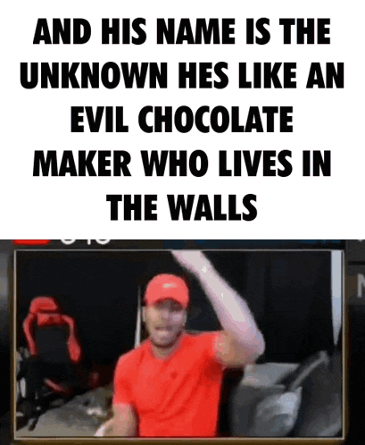 a man in a red shirt is standing in front of a sign that says and his name is the unknown