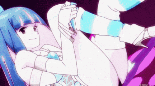 a girl with blue hair is laying on her stomach with her legs crossed and holding a pair of socks .