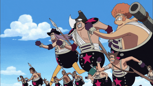 a group of cartoon characters are holding weapons in their hands
