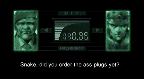 a screenshot of a video game with the words snake did you order the ass plugs yet