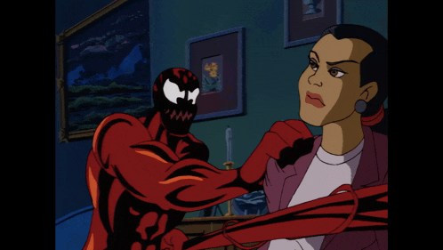 a cartoon of carnage and a woman sitting in a room