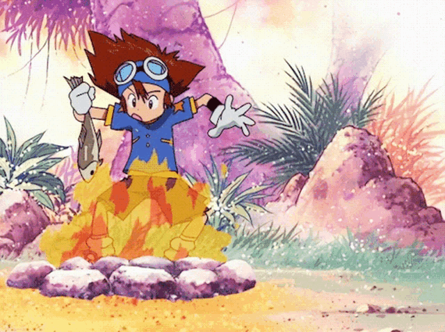 a cartoon of a boy holding a fish standing in front of a fire