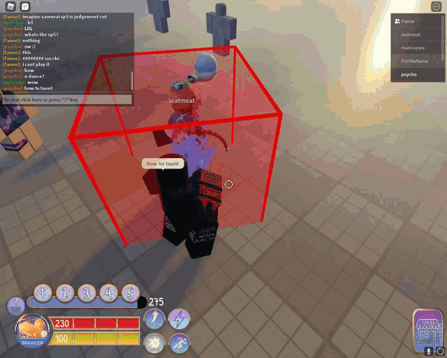 a screenshot of a video game shows a person in a red cube talking to another person