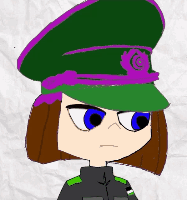 a cartoon character wearing a green hat with a purple flower