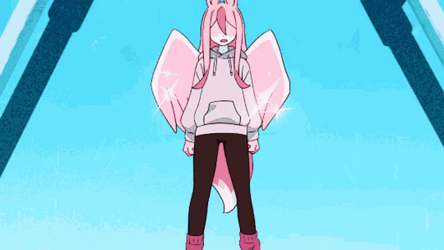 a cartoon drawing of a person with pink wings and a fox tail