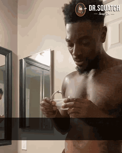 a shirtless man is looking at himself in a mirror with dr. squatch scoop co. written on the bottom