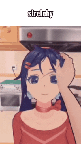 a person is touching a girl 's head with the word stretchy written above it