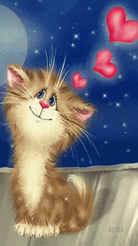 a painting of a cat with hearts around it and the name alisa on the bottom