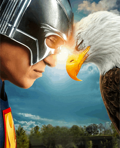 a man in a superhero costume looks down at an eagle 's head