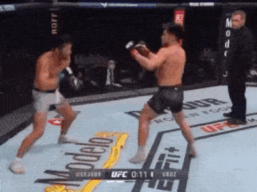 two men are fighting in a boxing ring with a referee in the background .