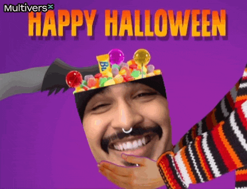 a man with a crown of candy on his head and the words happy halloween