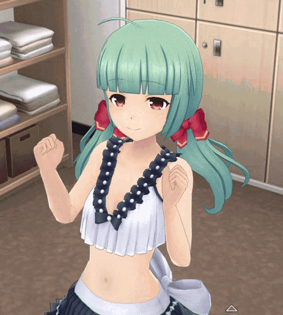 a girl with green hair and red bows on her hair