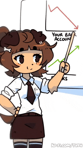 a cartoon girl is pointing at a graph that says your bank account on it