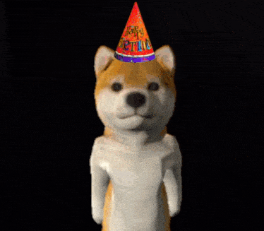 a cartoon dog wearing a party hat that says " happy birthday "