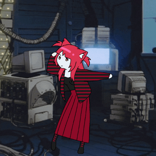 a girl with red hair and a cat ear is dancing in front of a computer monitor