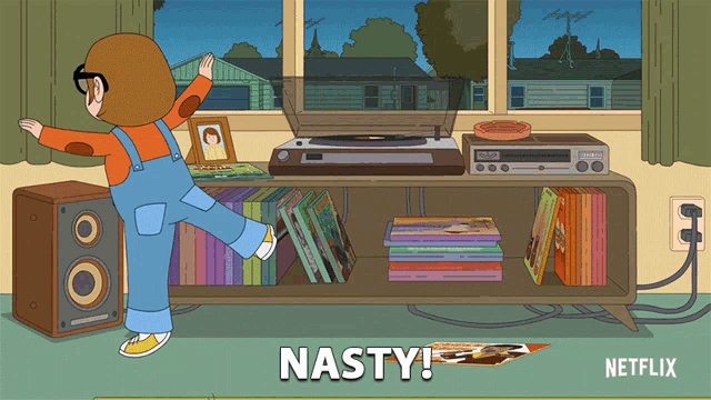 a cartoon of a boy dancing in front of a record player with nasty written on the bottom