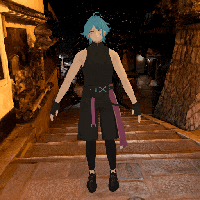 a cartoon character with blue hair is standing on a set of steps