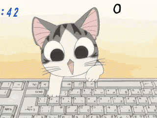 a cartoon cat is typing on a keyboard with the numbers 42 and 0 above it