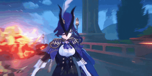a video game character with horns is holding a sword and a torch .