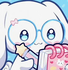 a cartoon bunny with glasses is holding a book