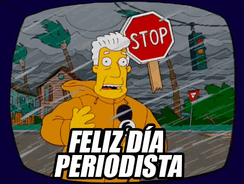 a cartoon of a man holding a stop sign and feliz dia periodista
