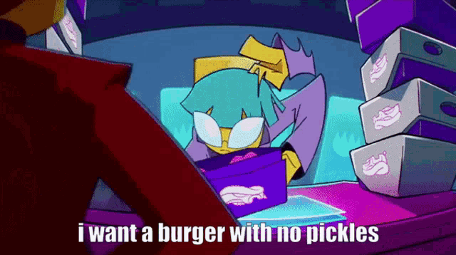 a cartoon character is saying that she wants a burger with no pickles