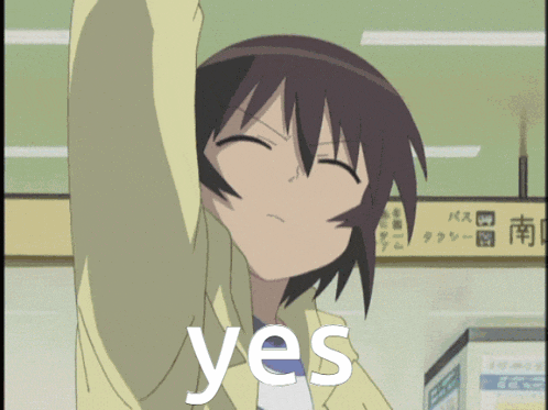 a cartoon of a girl saying yes in front of a sign