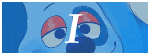a close up of a blue cartoon character 's face with the letter i above it