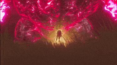 a video game character is standing in the grass in front of a large red monster .