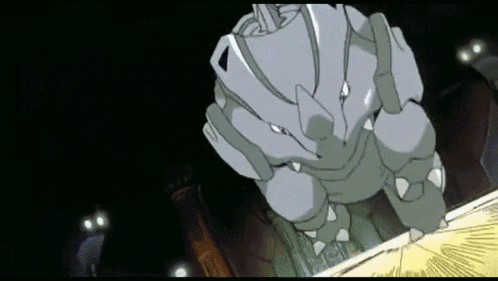 a cartoon of a rhinoceros standing on a ledge in a dark room .