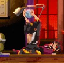 a pixel art of a person holding a brush while standing on a pole .