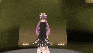 a girl with purple hair is standing in front of a screen that says ' a ' on it