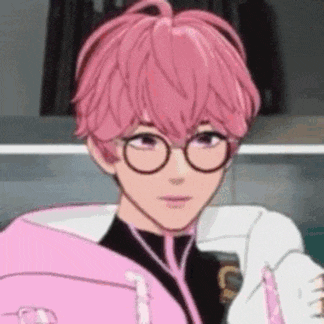 a boy with pink hair and glasses is wearing a pink jacket and a pink hoodie .