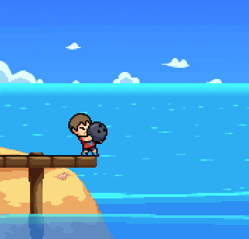 a pixel art drawing of a beach with a dock