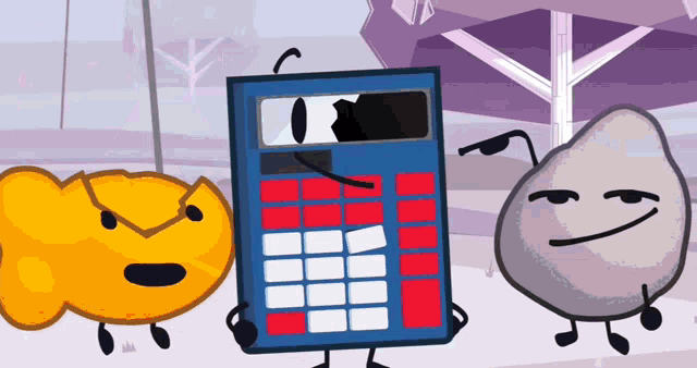 a calculator and a rock are standing next to each other in a cartoon scene .