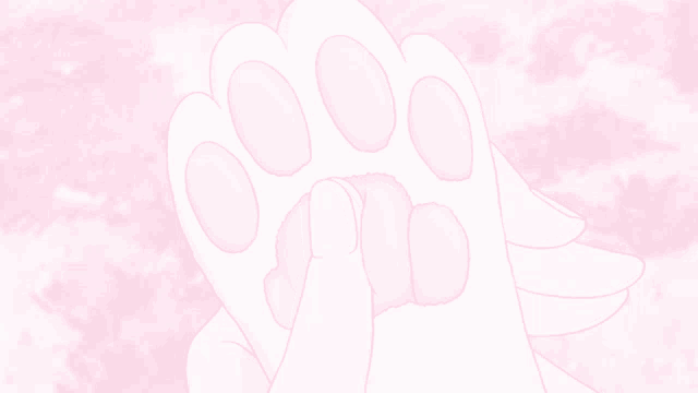 a drawing of a hand holding a paw print on a pink background